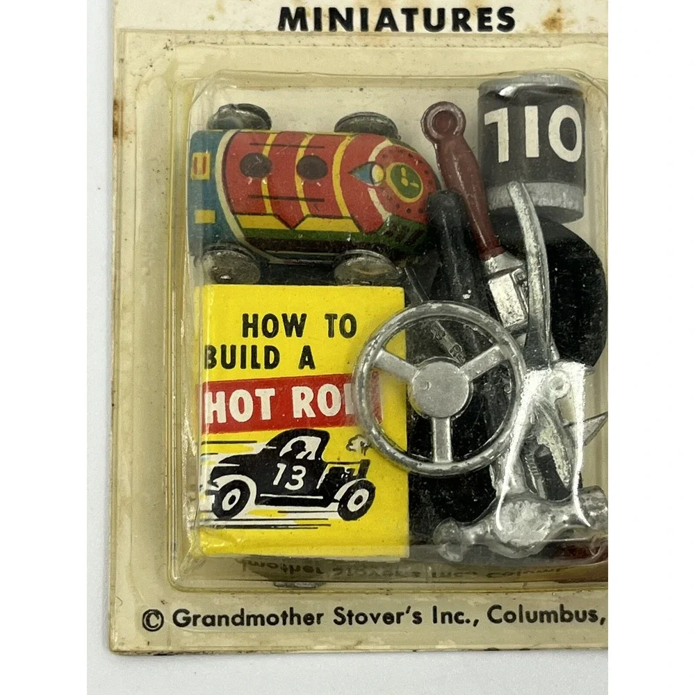 Vintage Grandmother Stover's Miniatures Hot Rod Car Oil Can Tools Garage NOS